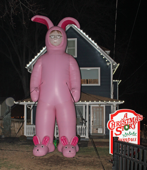 Ralphie in bunny suit inflatable at Bumpus House from A Christmas Story movie
